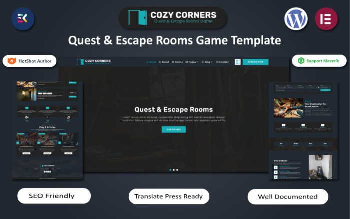 Cozy Corners - Quest & Escape Rooms Oyunu WordPress Elementor Teması