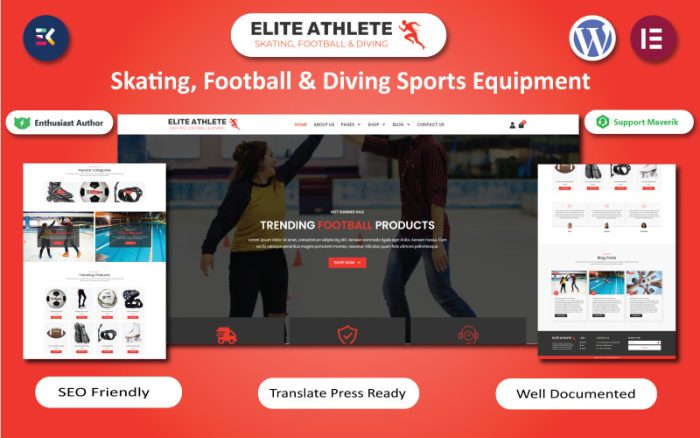 Elite Athlete - Paten, Futbol ve Dalış Spor Ekipmanları WooCommerce Elementor Teması
